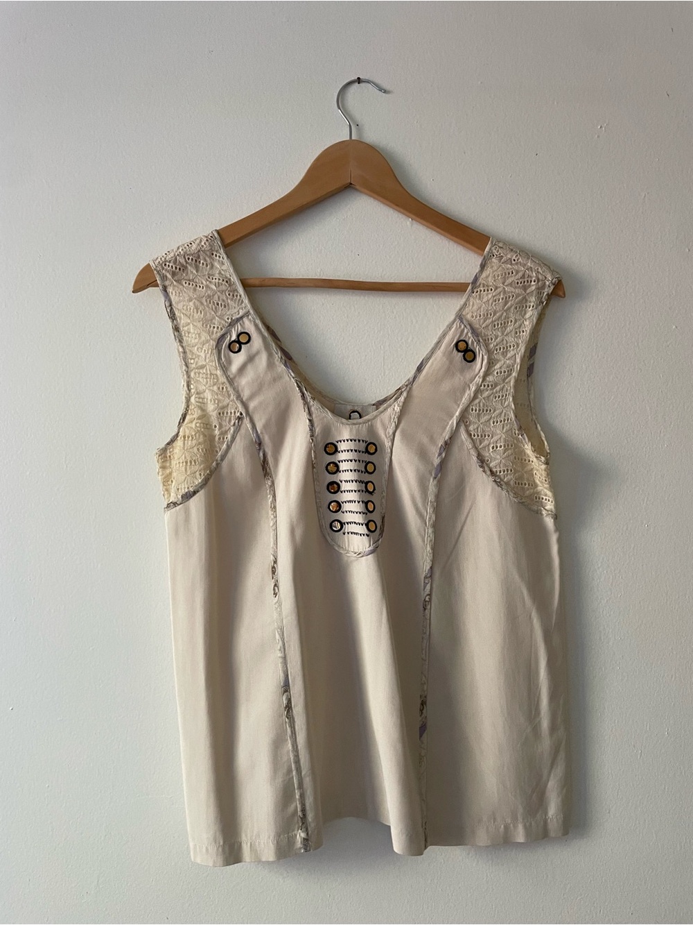 Mayle Cream Lace-Trim Tank Top with Embellished Eyelets